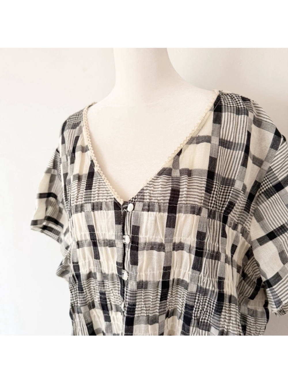 Northstyle Women India 100% Cotton Plaid Button Down Top 2X Boho Peasant Beach - Picture 2 of 8